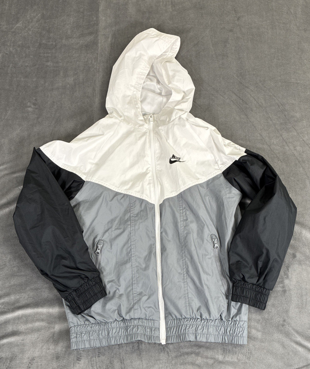 Nike Jacket Kids Large Grey/Wht/Black Windrunner Full Zip Hooded Sportwear Chrty